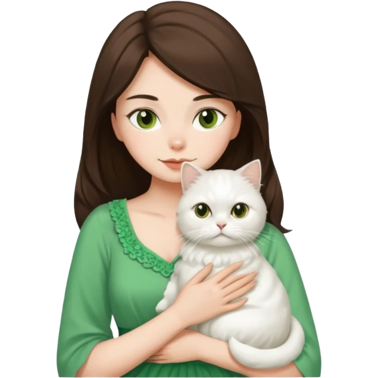 Brunette woman snuggling white Persian cat, wearing a green dress emoji