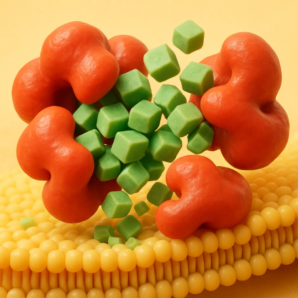 A realistic 3D render and really detailed of enzymes (red) breaking down starch (green) near a cell membrane (yellow). Macro photography style. No labels. emoji