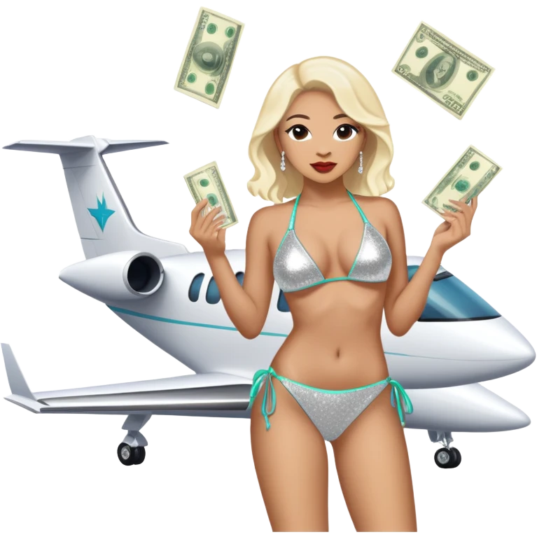 tefi valenzuela wearing diamond sparkle un top bikini and josh king madrid standing on private plane throwing money at her emoji