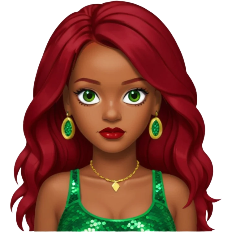 Rihanna with dark red long hair, green sequin crop top, hazel eye emoji