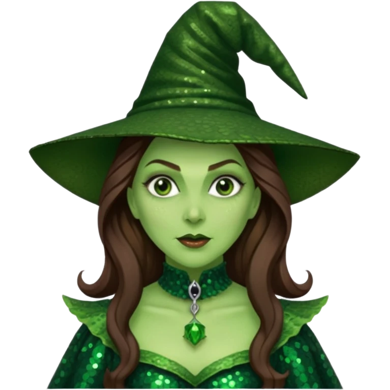 Wicked Witch of the West from the Wizard of Oz with long brown hair, dark green sequin outfit, green skin emoji