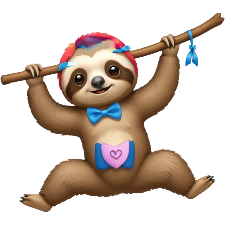 cute swinging Sloth on stick, blue bow tie emoji