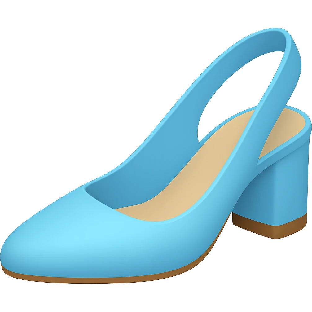 Slingback women's shoe with very thick heel in a lighter blue color, styled as an Apple emoji, with transparent background. emoji