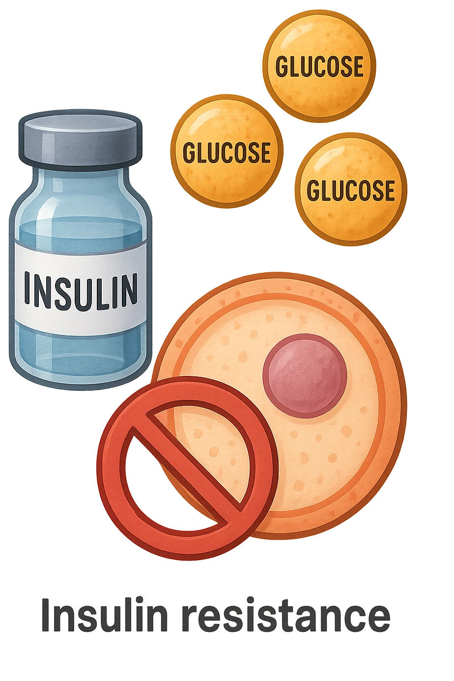 realistic icon of insulin resistance, no background, 2:3 aspect ratio, symbol with insulin, glucose, and a cell showing resistance to entry, clean and clear style emoji