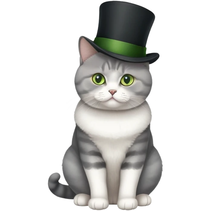 British Shorthair cat full body sitting with a top hat and green eyes emoji