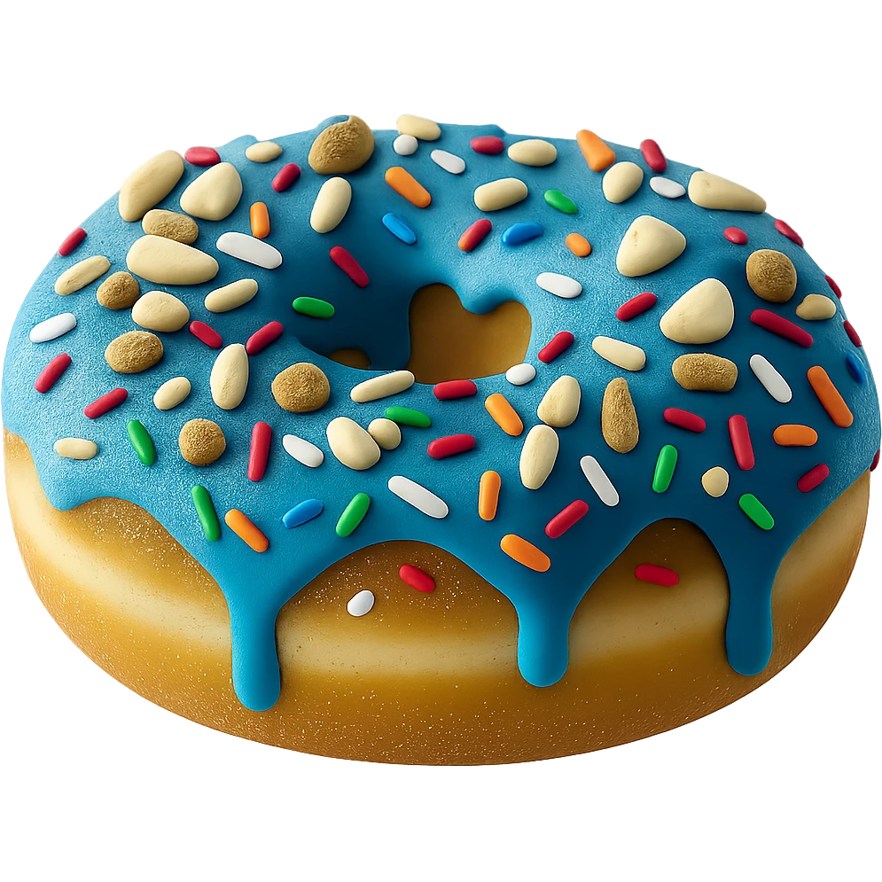 Add colorful rainbow sprinkles to the blue glazed donut, keep it realistic with soft lighting, transparent background. Maintain a photorealistic style with soft lighting and natural textures. emoji