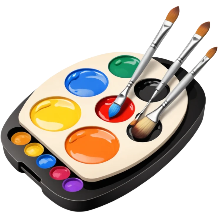 A palette of paints for the artist in the aesthetic style of minimalism and next to it three brushes in the same style emoji