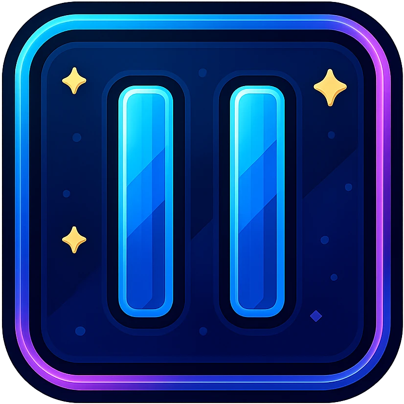 pause icon with dark purple, blue, and black base, bright accents, complex gradients, stars, bright neon border, modern clean pause symbol, glow and lighting effects, sophisticated futuristic icon style emoji