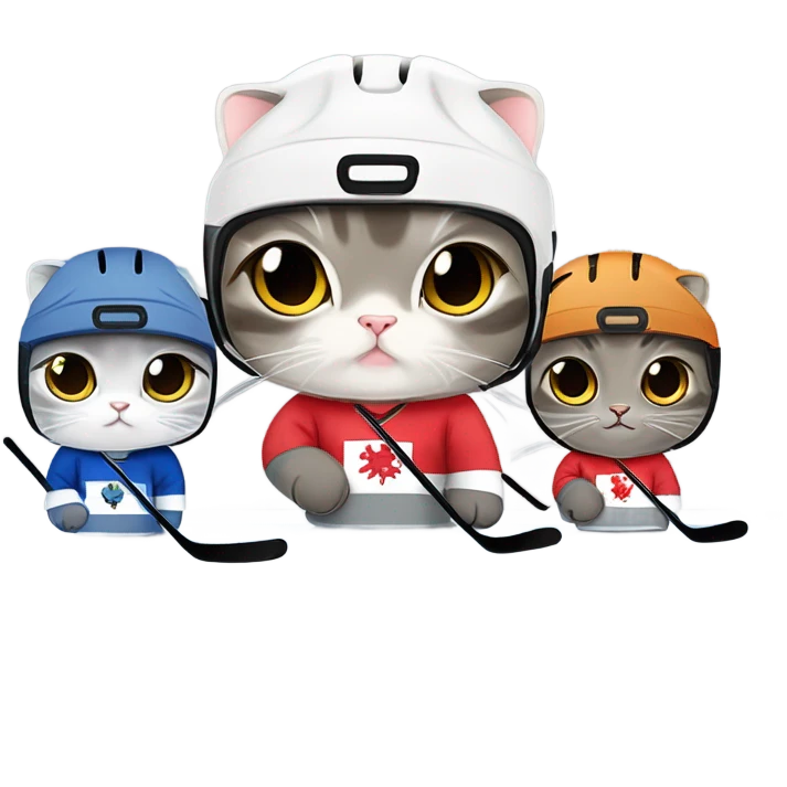 Team of mixed colors Scottish fold cats playing hockey  emoji