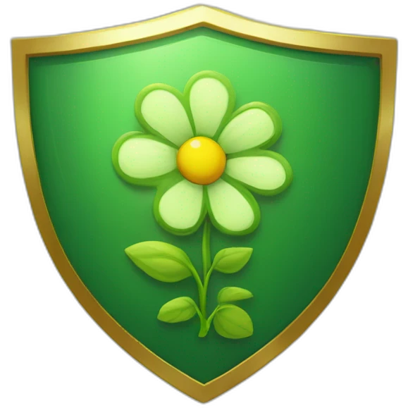 green shield with a gold border and a sprouting flower at the centre emoji