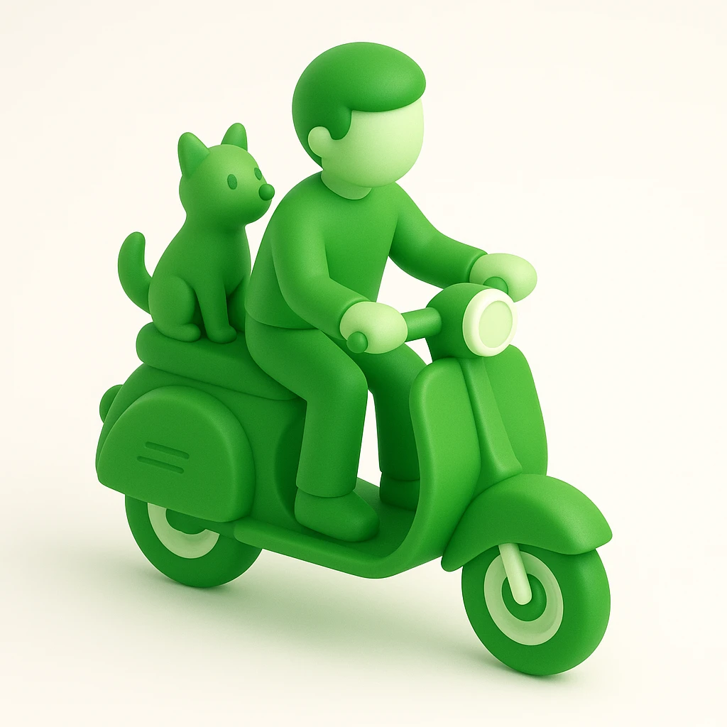 man and his pet dog riding a vespa emoji