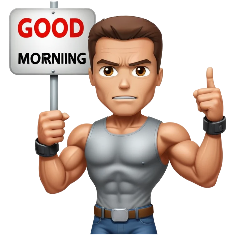 Terminator with sign that says good morning emoji