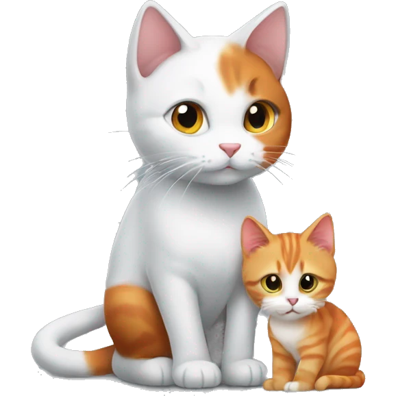 A small gray-white kitty playing with a big red cat emoji