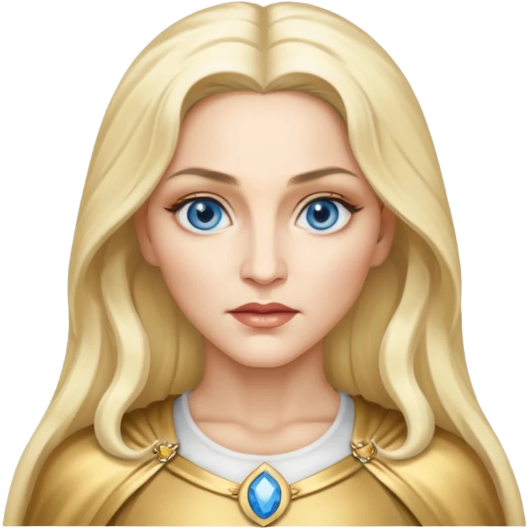 Madonna with blue eyes, long platinum blonde hair, gold outfit emoji