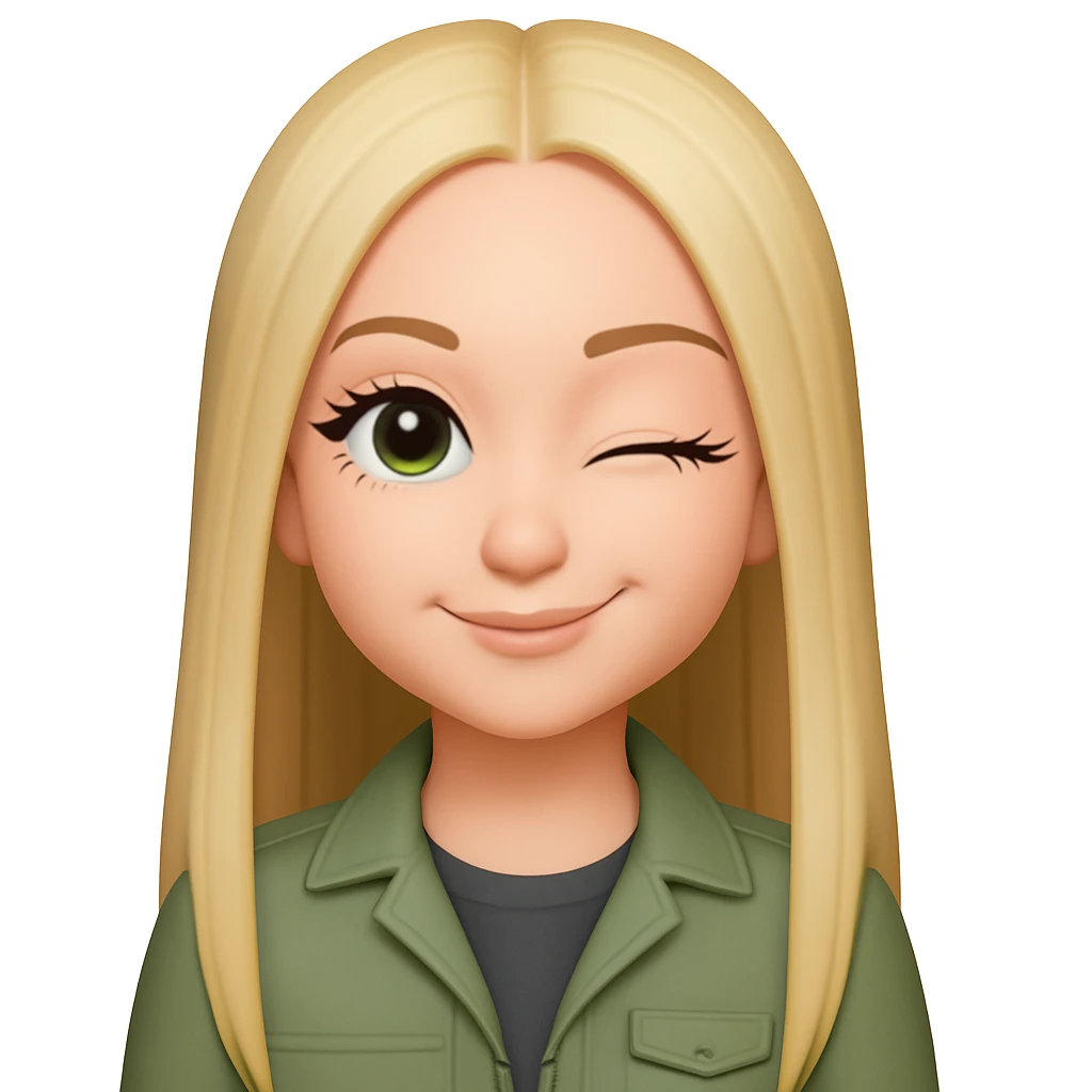 Make the winking girl have longer straight blonde hair with a middle part, bigger eyelashes, and a grey shirt under her sage green jacket. Maintain the original style and details. emoji