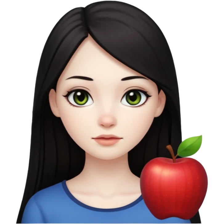 девушка с очень бледной кожей, темными длинными прямыми волосами без челки и черными макияжем глаз в стиле Apple avatar  emoji