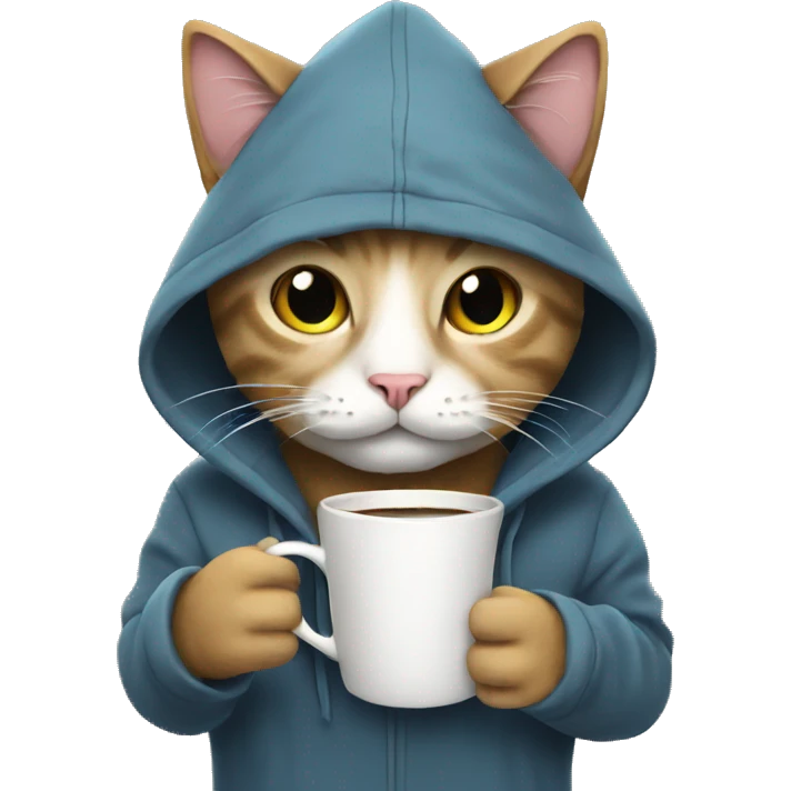 cat wearing a hoodie and drinking coffee emoji