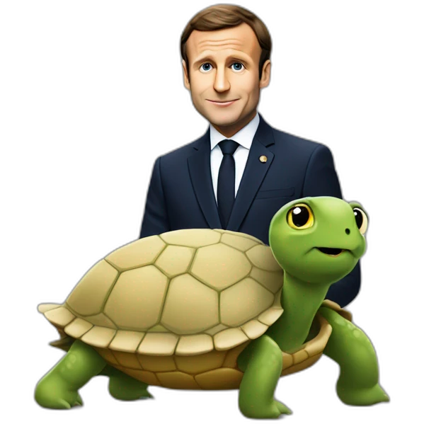 Macron qui est sur une tortue emoji