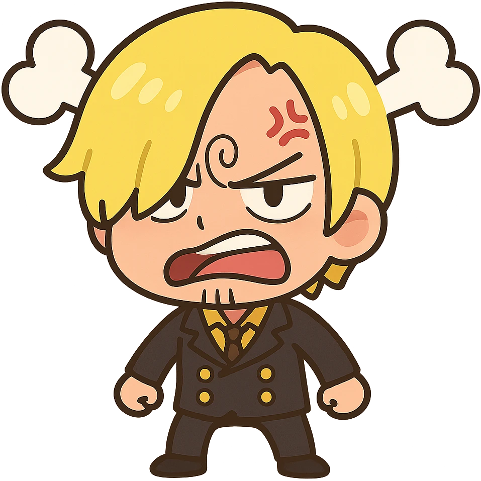 Sanji from One Piece, chibi style, mad face, big head, small body, curly eyebrow, blond hair, black suit, steam coming from head emoji