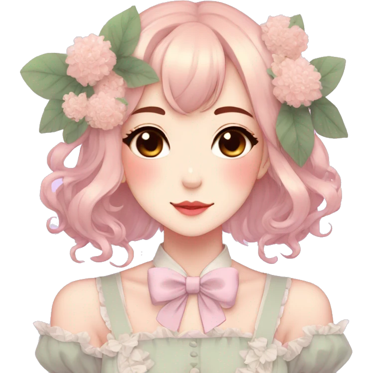 Gorgeous pastel anime style lady with blushing face and flowers and laces and bow ties and pretty hair aesthetic trending style emoji