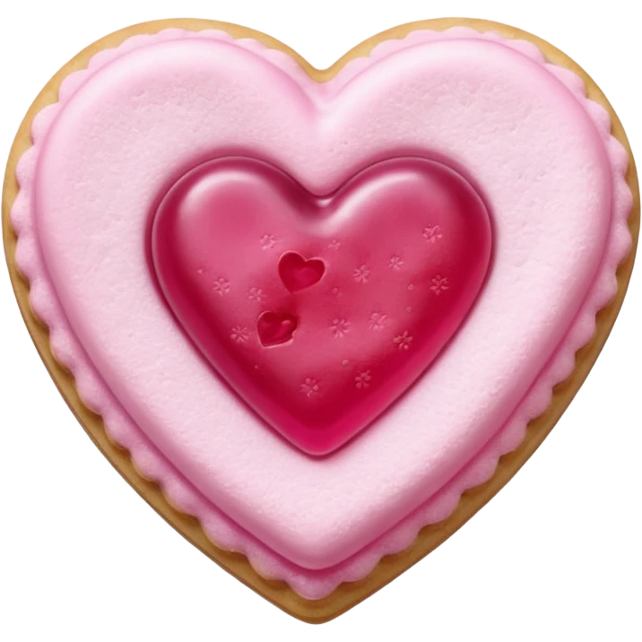 Realistic shortbread cookie in the shape of a heart with pink jelly middle filling and sprinkled powder sugar on top. emoji
