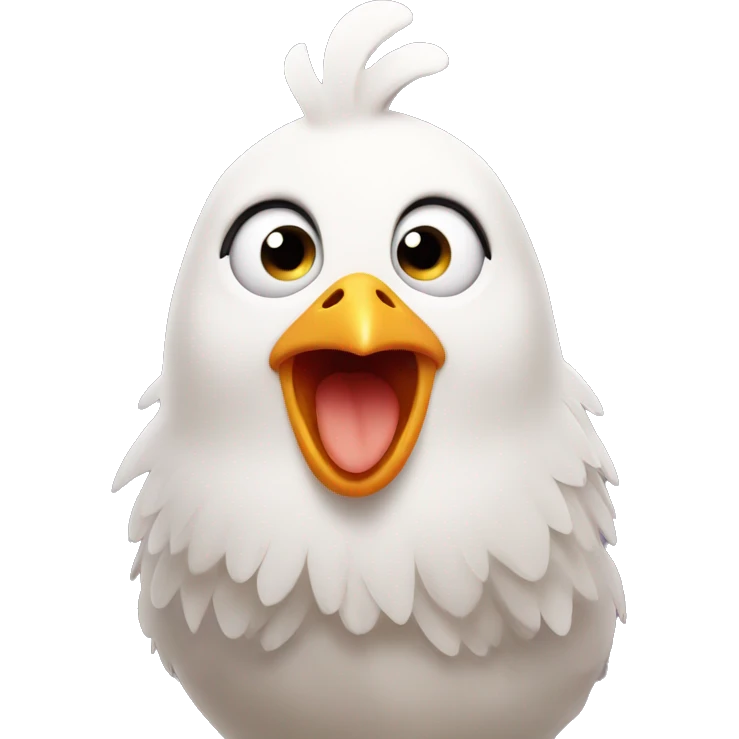 Cute chicken with surprised expression and exclamation mark hovering over head emoji