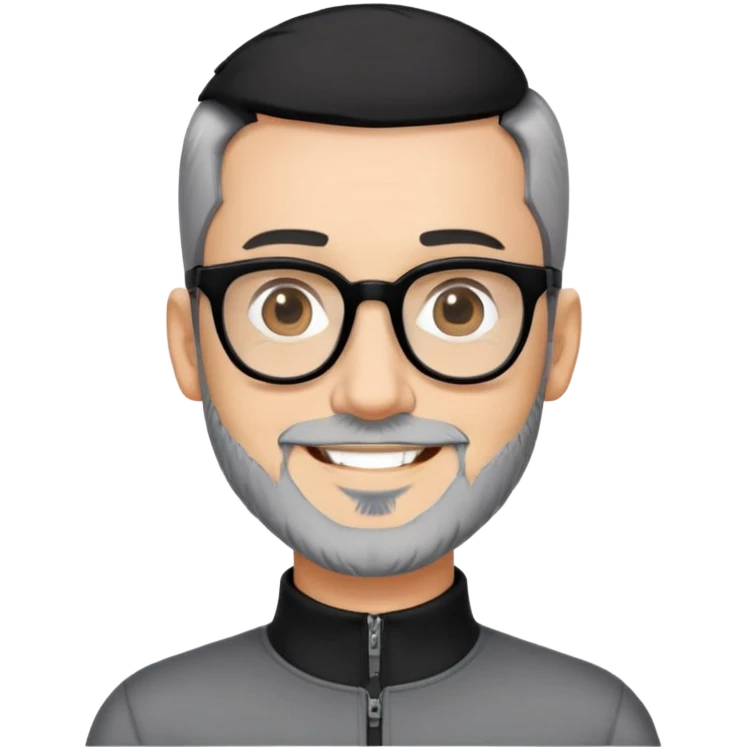 Man with light skin, black hair in near-buzz cut style (very minimal length), short peppered gray beard, large black-framed glasses, smiling face, black zip-neck long sleeve shirt emoji