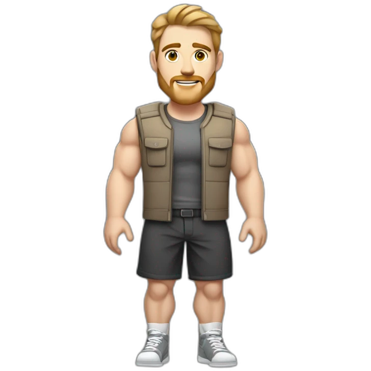Full height Pale skinned fit man With biceps, Realistic eyes and mouth, light brown hair and stubble In dark gray sleeveless mike, black oversize sports shorts, watch and white sneakers. emoji