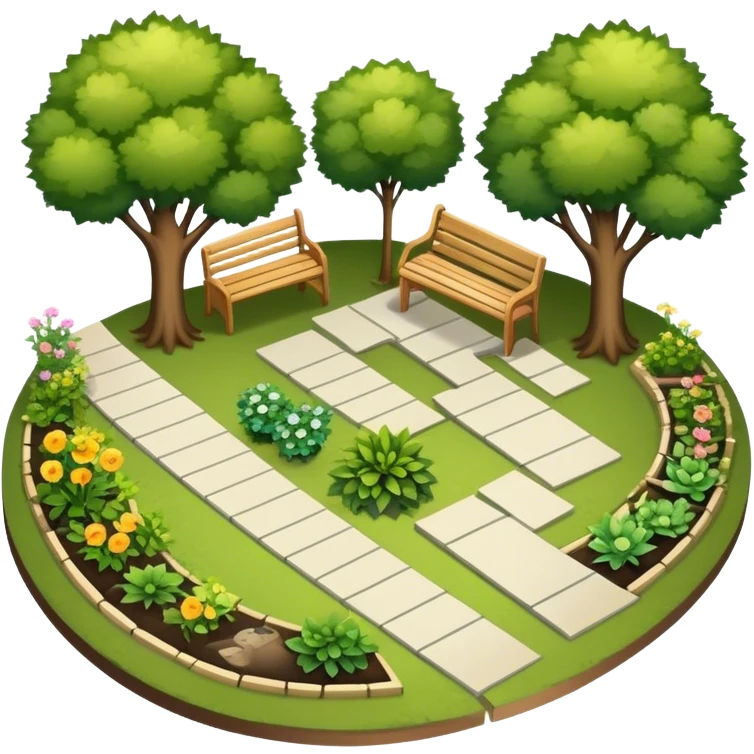 Icon for Landscape Design: a garden layout with trees, plants, pathways, and outdoor furniture, along with design tools like a ruler, pencil and sketchpad. The icon should represent the creativity and planning behind landscape design. Transparent background. emoji