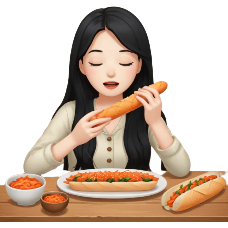 Girl with black long hair eat kimchi close eyes baguette emoji