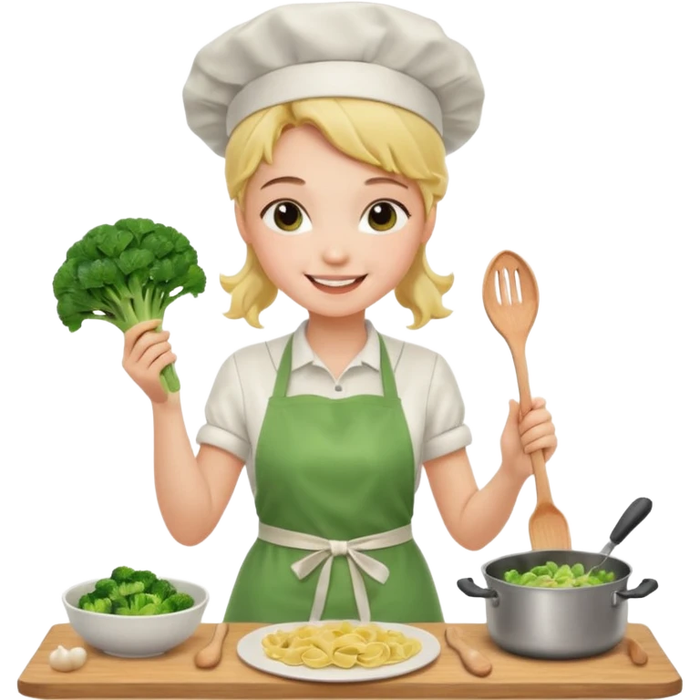 Girl cooking pasta for the first time with broccoli emoji