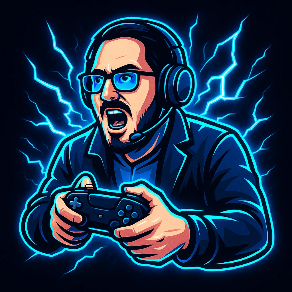 Create a gaming logo from the reference photo, featuring the person with a headset and controller, surrounded by electric blue lightning and a neon glow. Use a dynamic, action-packed pose. emoji
