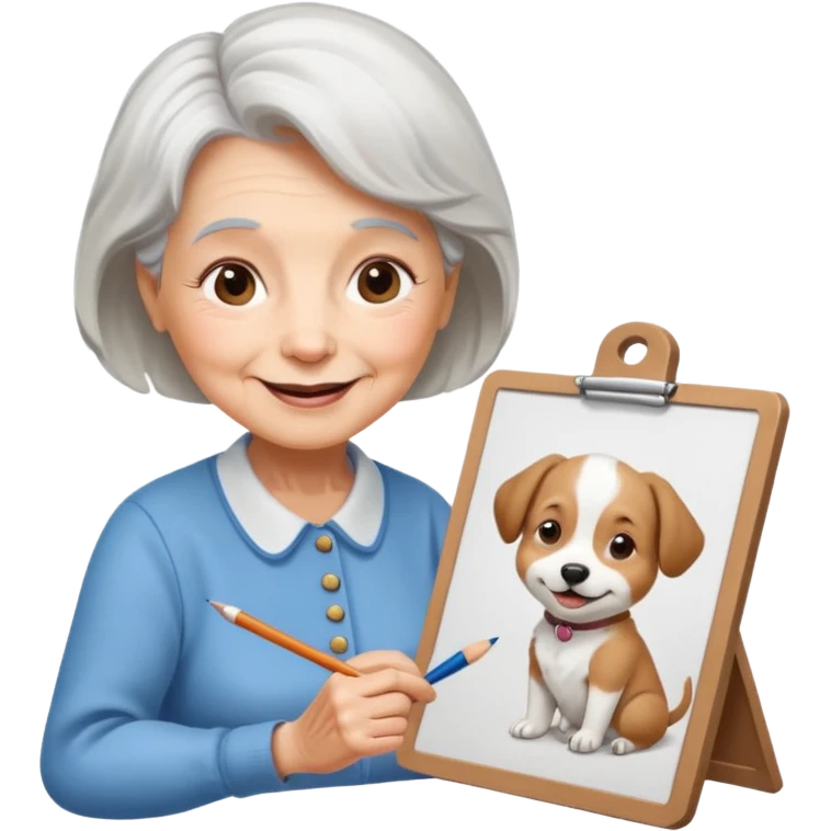 An elderly woman sketching, art board,nice picture, puppy face. emoji