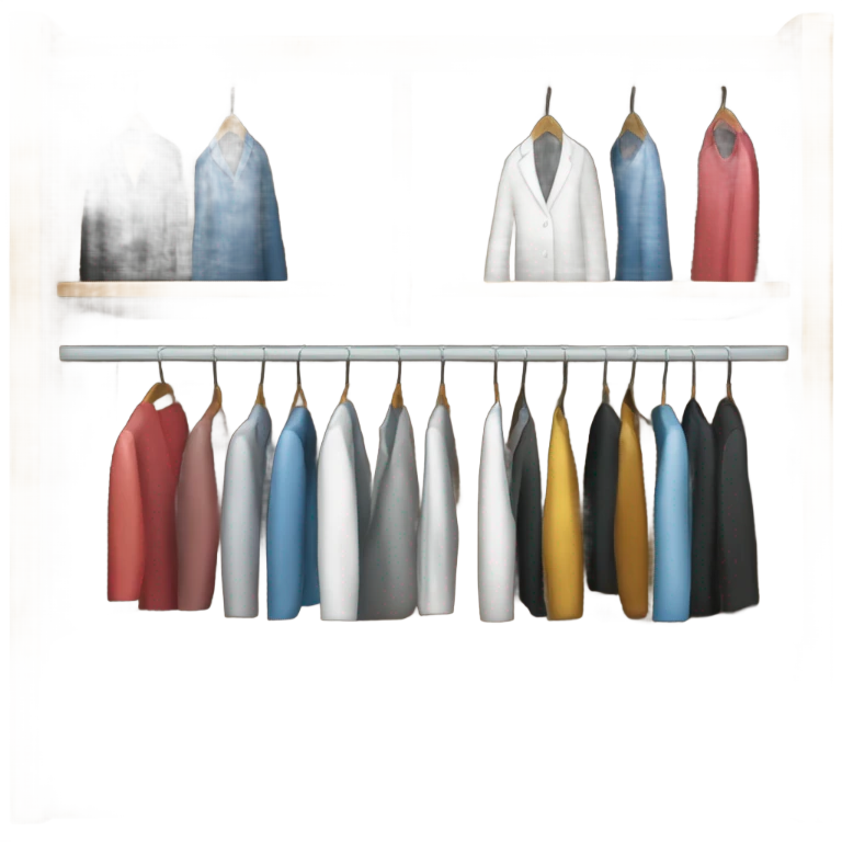 Design an emoji-style icon of an open wardrobe with clothes hanging inside. Include details like a wooden frame, hangers, and only black or white different clothing items such as shirts or any other clothing . Use a clean and minimalistic design. emoji