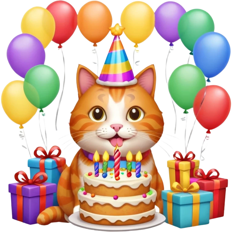 Ginger cat celebrates birthday, birthday hat, birthday cake, balloons, happy, gifts emoji