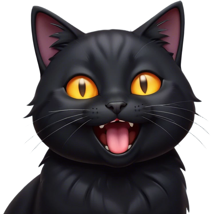 Cinematic Comical Black Cat Portrait Emoji, Head tilted dramatically while yawning exaggeratedly, sleek black fur with subtle hints of dark gray, Simplified yet hilariously adorable features, highly detailed, glowing with an almost sarcastic glow, high shine, a mix of lazy and curious, stylized with a touch of playful whimsy, bright and alert but with a comical expression, soft glowing outline, capturing the essence of a mischievous yet overly dramatic kitten, so funny it feels like it could leap off the screen and sassily demand attention! emoji