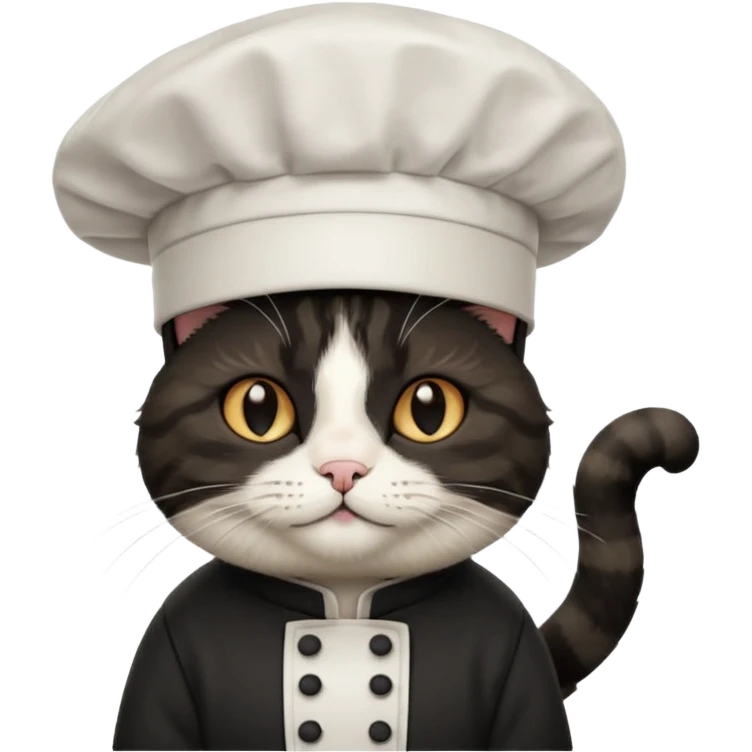 fluffy black chef cat wearing a tall white chef hat emoji