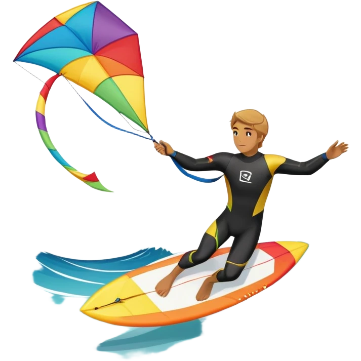 The scene captures the energy and freedom of the sport, with the sun shining and the ocean's waves splashing around. A kite surfer gliding across the ocean, with a colorful kite soaring high in the sky and the surfer carving through the waves.  emoji