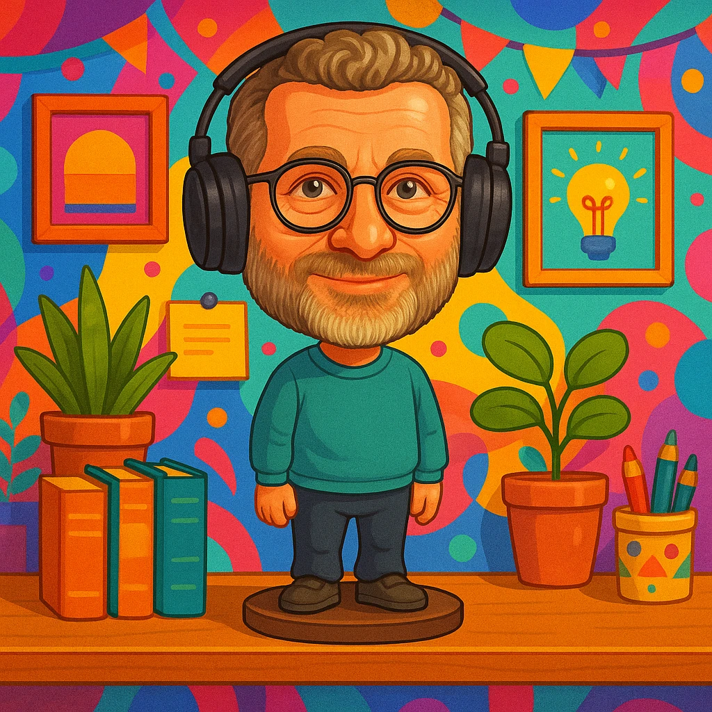 Make the design office background much more colorful and vibrant, with creative decor, bright accents, and playful details. Keep the person in bobblehead style as the main focus. emoji