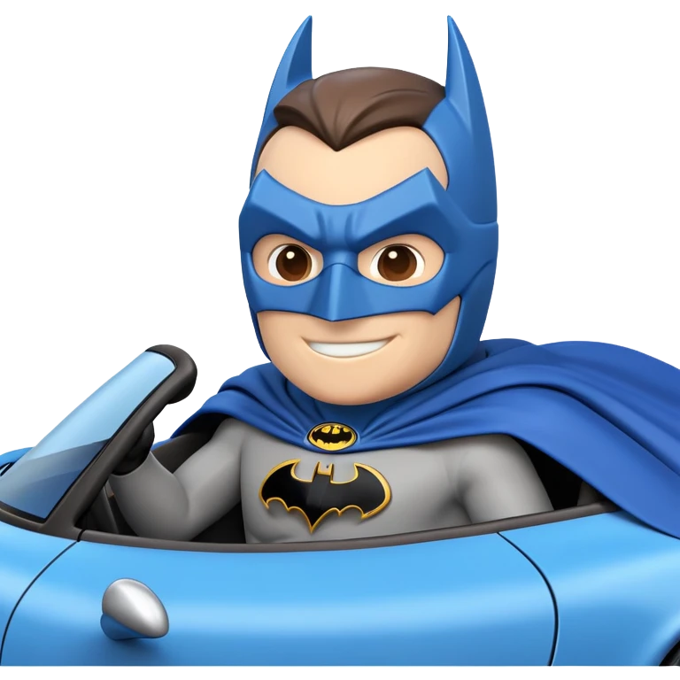 Create a 3D emoji-style image of Batman sitting in a blue Porsche. Batman should be slightly larger than the Porsche, wearing his iconic mask and cape, and smiling. no background emoji