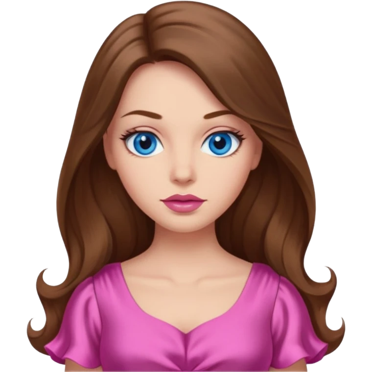 A woman has beige skin, long brown hair, blue eyes, plumb lips, she wears pink dress  emoji
