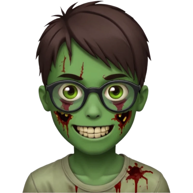 Zombie emo boy, green skin and brown hair and brown eyes, black glasses and a scary smile with a cut on the side, scars and blood under eyes emoji