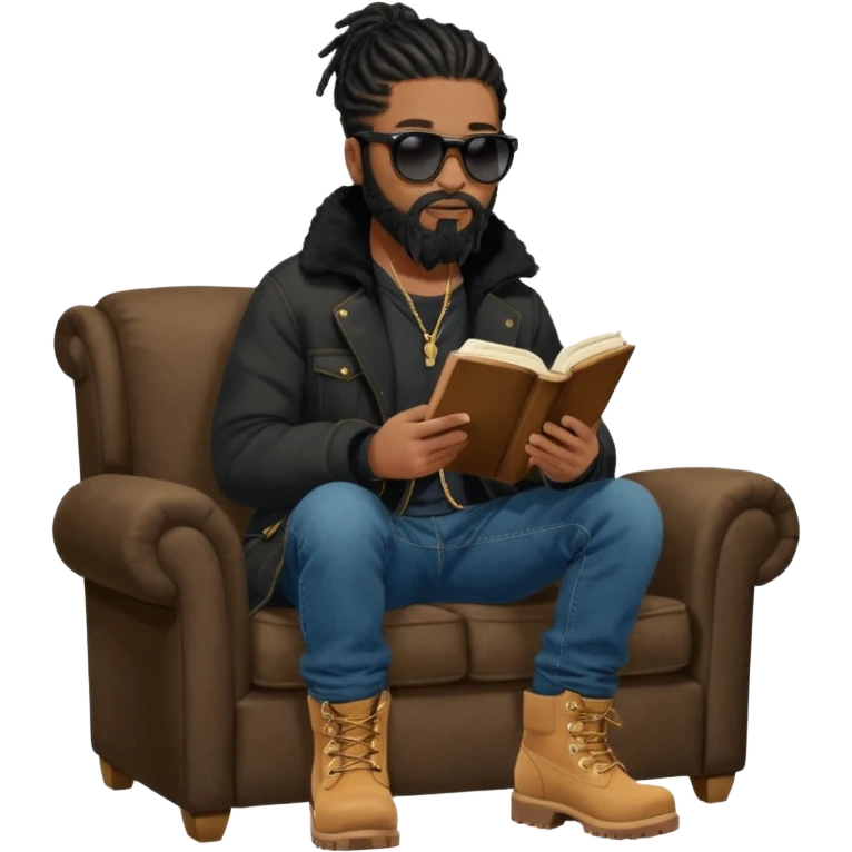 African American man with shoulder length black dreadlocks with black beard wearing black sunglasses wearing a black bubble winter coat wearing denim skinny jeans wearing wheat timberland boots reading the bible emoji