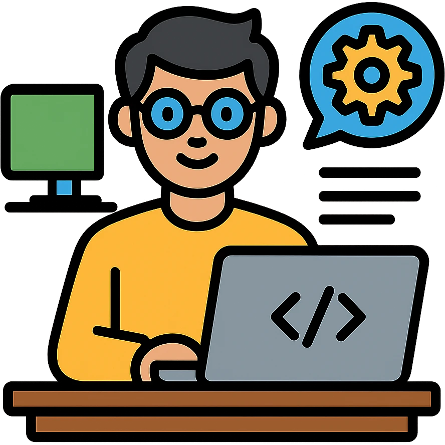 professional programmer, looking confident and happy, in a modern workspace, color outline icon style emoji