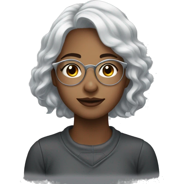 young woman with silver hair, silver glasses, brown eys, to moles on chin, freckles, pale emoji