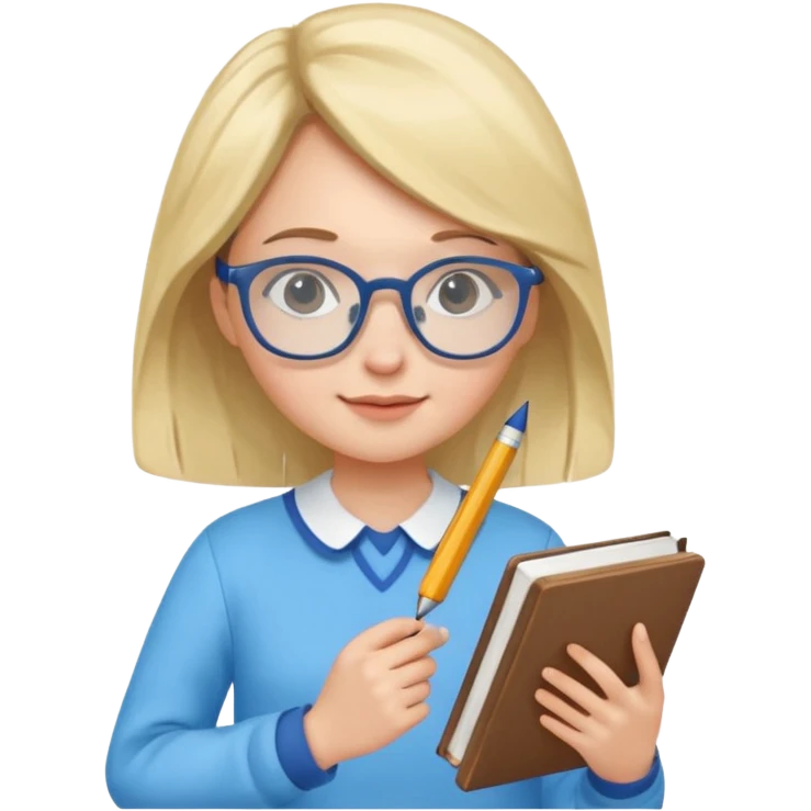 cute girl, glass, smart, Sky-blue colored clothing,
holding a book in one arm and a pen in the other hand.Holding a pen in the right hand as if teaching.Wearing glasses, with a smart and bright-looking face. emoji