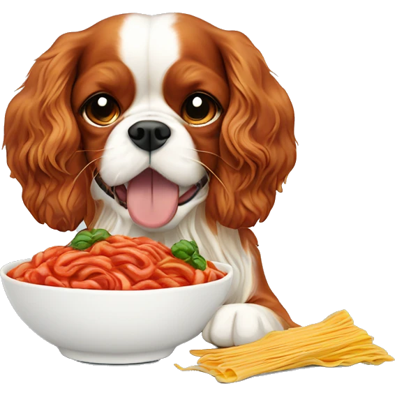 Cavalier King Charles spaniel eating pasta al pomodoro  emoji