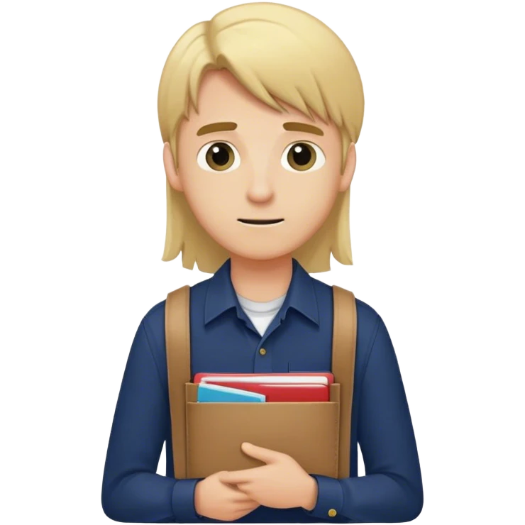 Guy with long straight blonde hair behind head and navy button up holding a school packet emoji