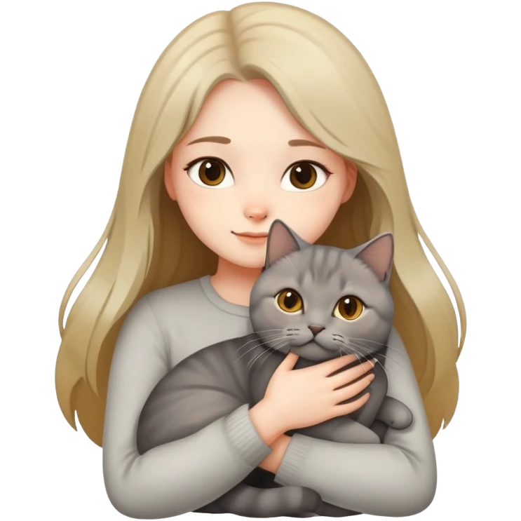 A long-haired girl hugs a British shorthair cat with a brown gradient to light yellow color emoji