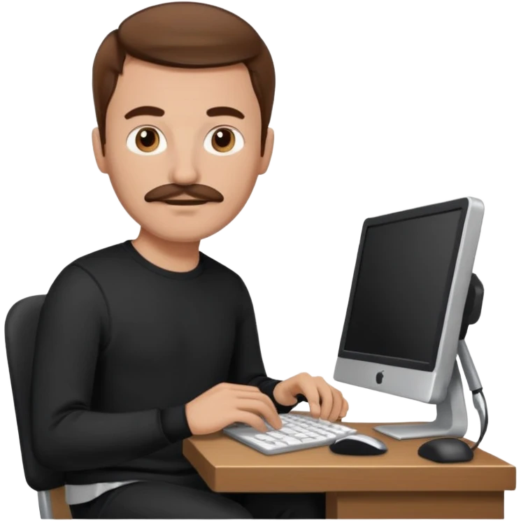  man with mustache, brown hair, 33years old, shirt, high temple Black pullover with a white shirt underneath and black fabric trousers work with couputer emoji